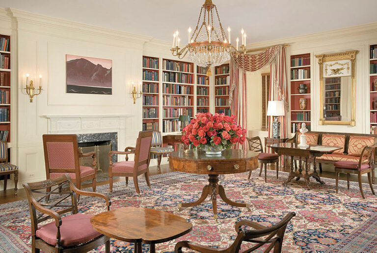 The Library, located on the ground floor of the White House, after its refurbishment during the administration of President George W. Bush. Originally placed in the Green Room, Georgia O’Keeffe’s “Mountain at Bear Lake, Taos,” was later moved to the Library. White House Historical Association.