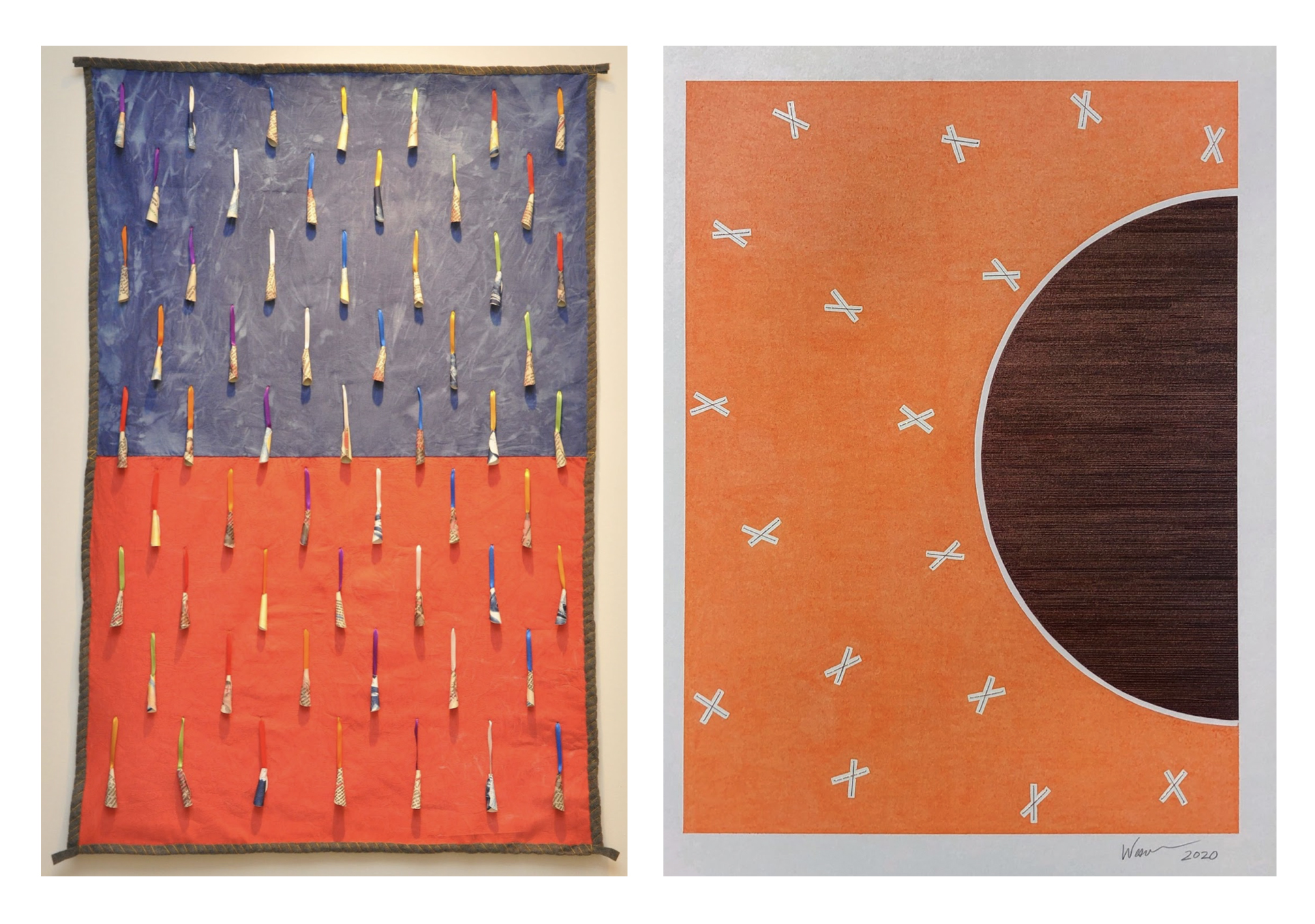 Left: Jason Wesaw (Potawatomi), Healing Blanket, 2014, Hand dyed and hand sewn muslin, flannel, transfer prints on Rives bfk, poly ribbon, sinew, oil pastel, 40 x 60 inches. Right: Jason Wesaw (Potawatomi), Morning song for the sun and fire spirits, 2020, Oil pastel and copper leaf on incised, deckled edge paper, embroidered with copper thread.